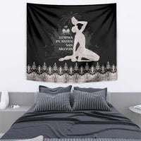 Black tapestry with seated woman figure and silver floral border design