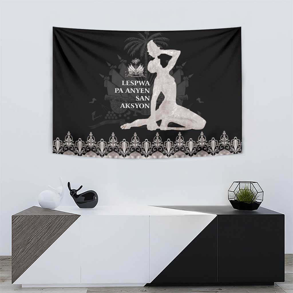Black wall tapestry featuring seated woman silhouette with silver ornamental band