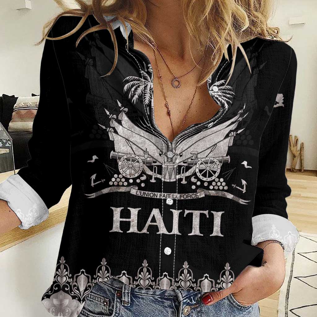 Women's black casual button-up shirt with front graphic, long sleeves