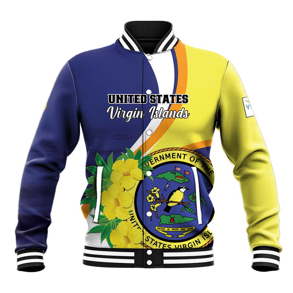 Unisex blue and yellow baseball jacket with ribbed collar, front logo and crest graphic