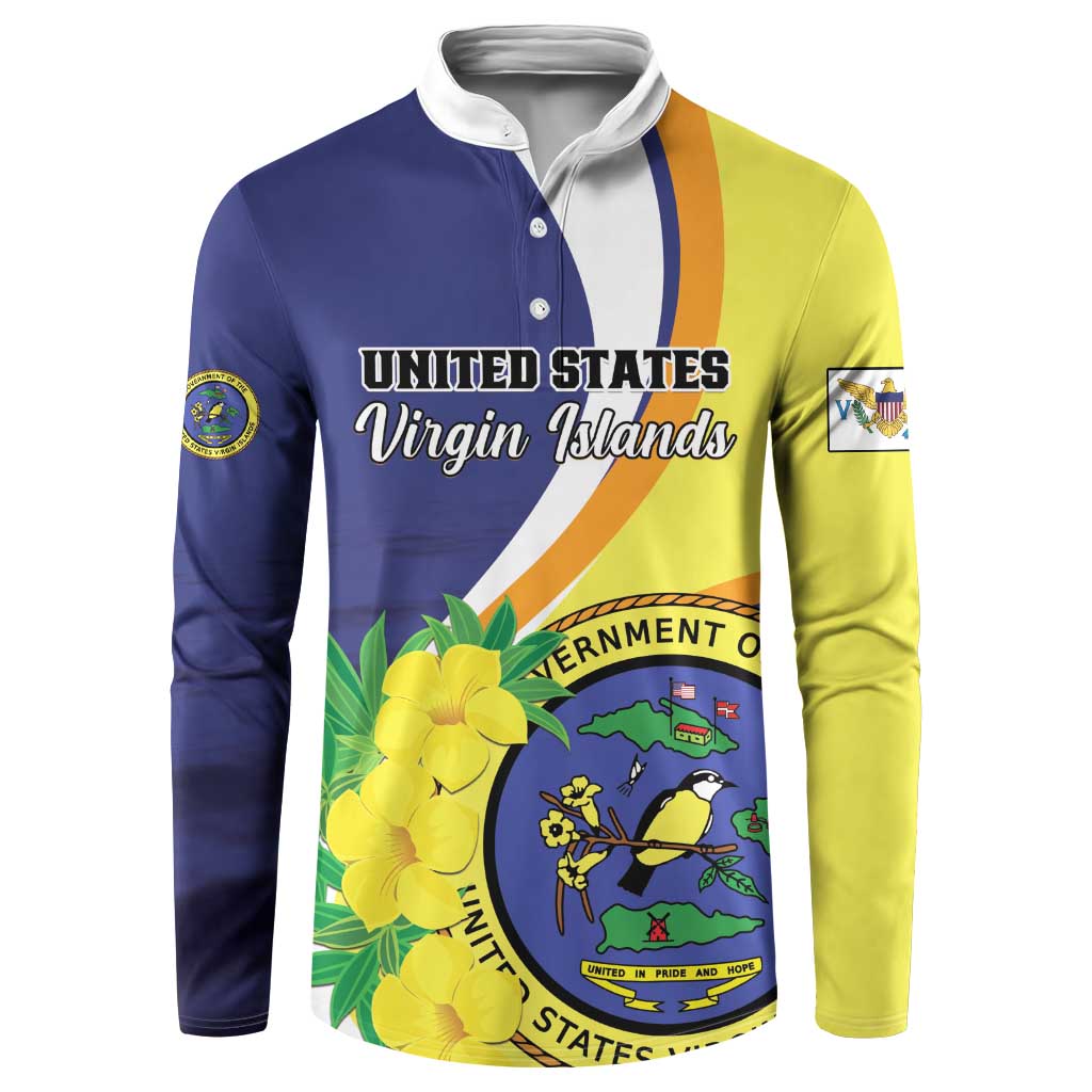 Two-tone blue and lime button sweatshirt with white collar and Virgin Islands graphic