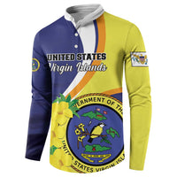 Two-tone blue and lime button sweatshirt with Virgin Islands emblem and pocket patch