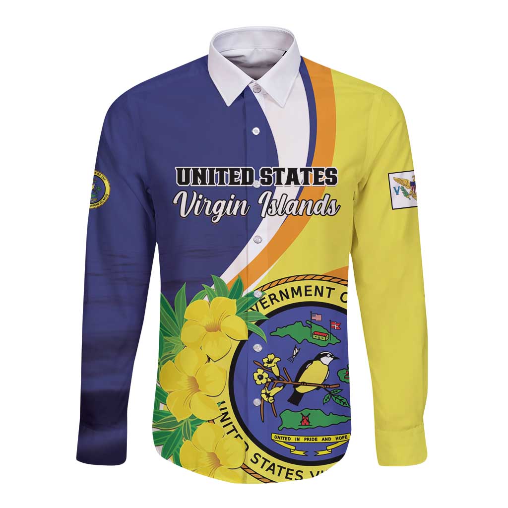 Blue long-sleeve button shirt with Virgin Islands graphic and floral emblem on front