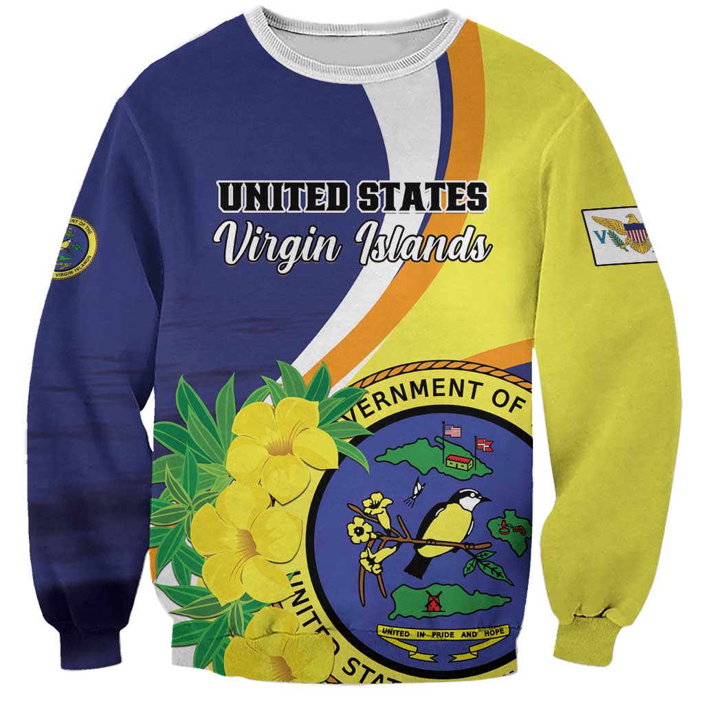 Unisex blue and yellow sweatshirt with US Virgin Islands text and pride emblem front