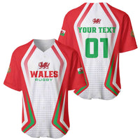 Two red and white rugby baseball jerseys: Wales Rugby front, back with YOUR TEXT 01