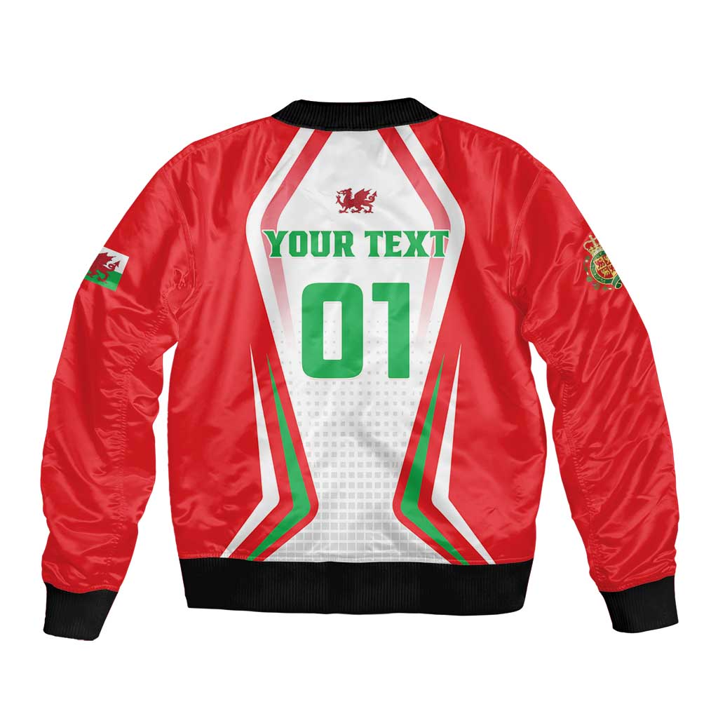 Red bomber jacket, black ribbed hem and cuffs, white back design with LT01 and green text