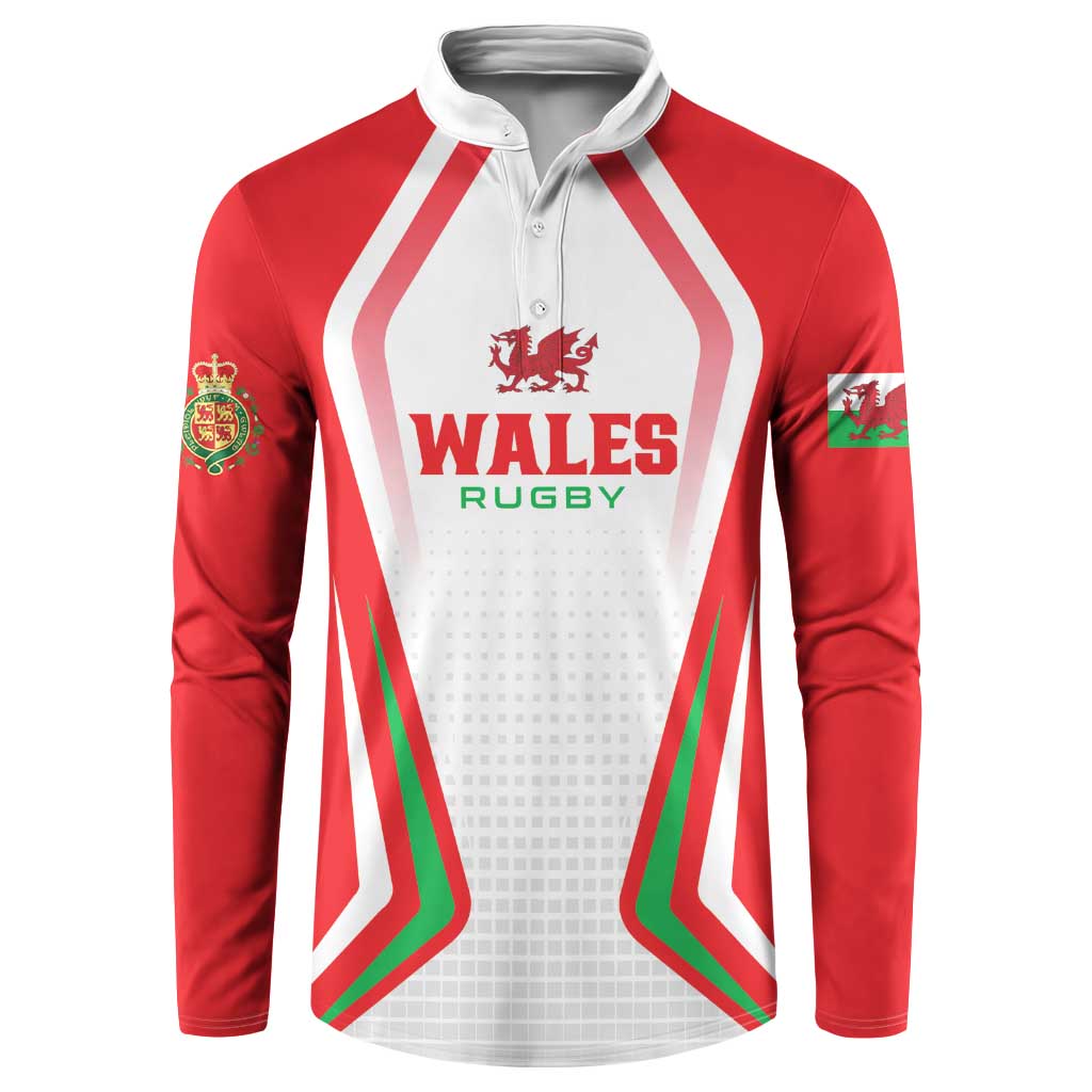 Red rugby button sweatshirt with white button placket and Wales Rugby dragon crest print