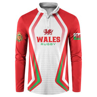 Red rugby button sweatshirt with white button placket and Wales Rugby dragon crest print