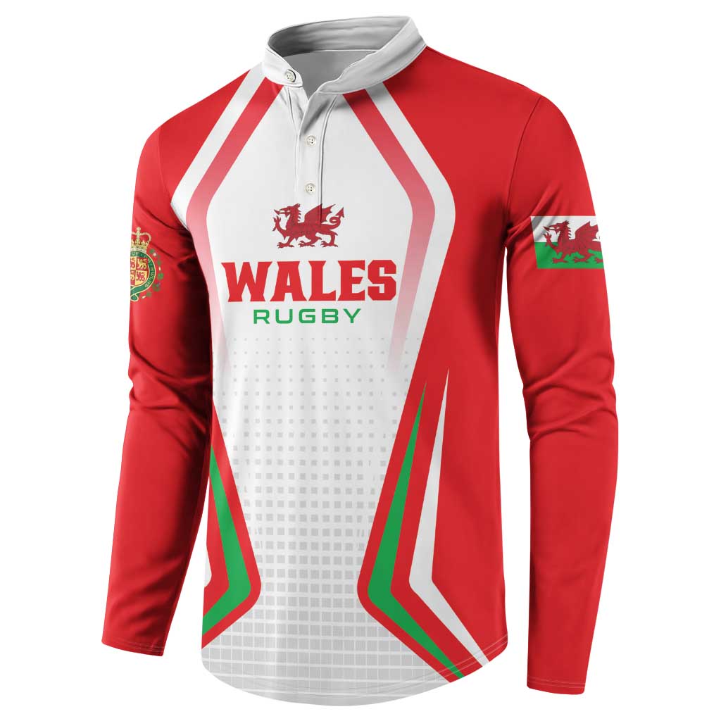 Red rugby button sweatshirt with white button placket and Wales Rugby front print