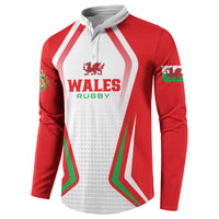 Red rugby button sweatshirt with white button placket and Wales Rugby front print