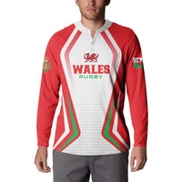 Red rugby button sweatshirt with white button placket and Wales Rugby crest front print
