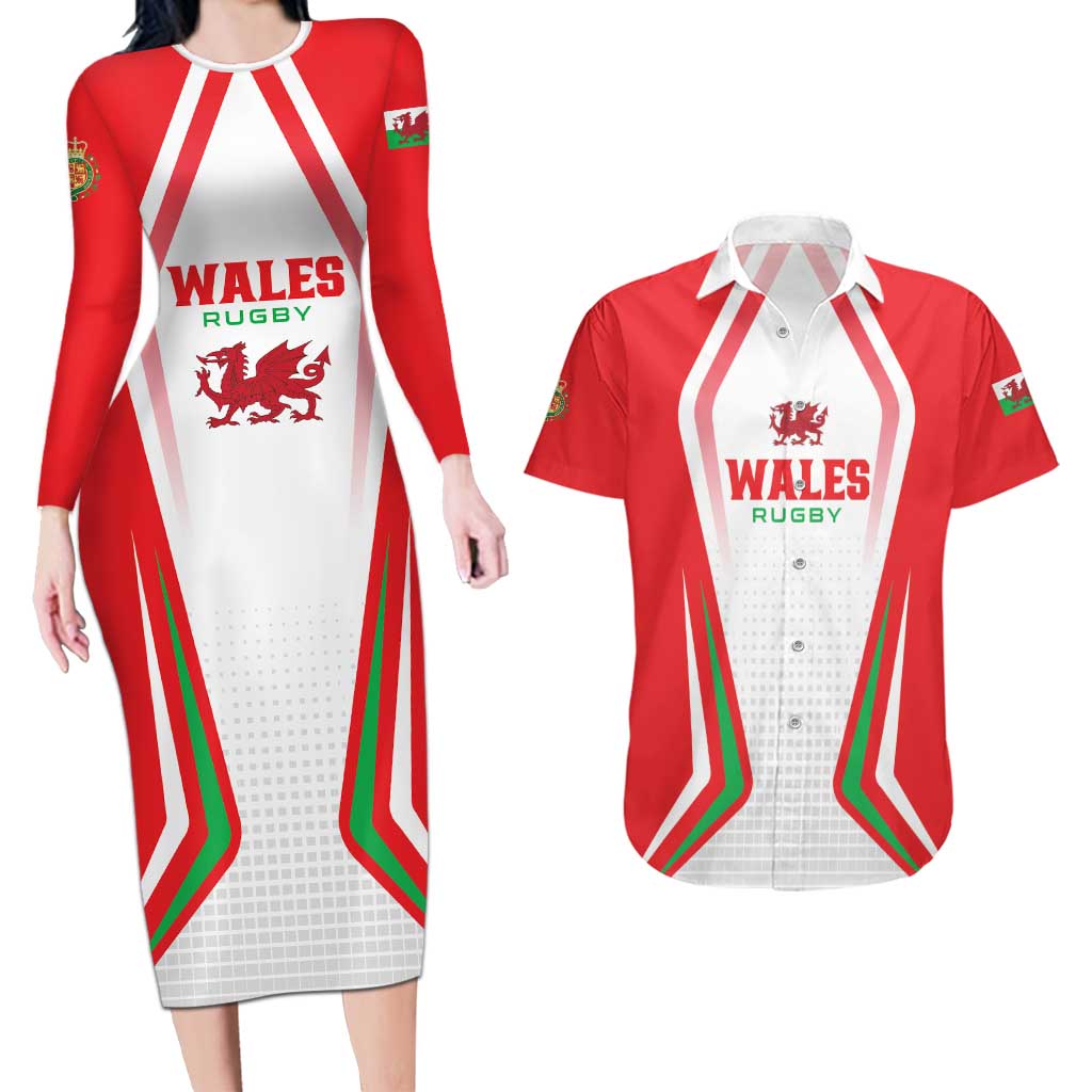 Custom Welsh Rugby Couples Matching Long Sleeve Bodycon Dress and Hawaiian Shirt Wales Red Dragon Champions