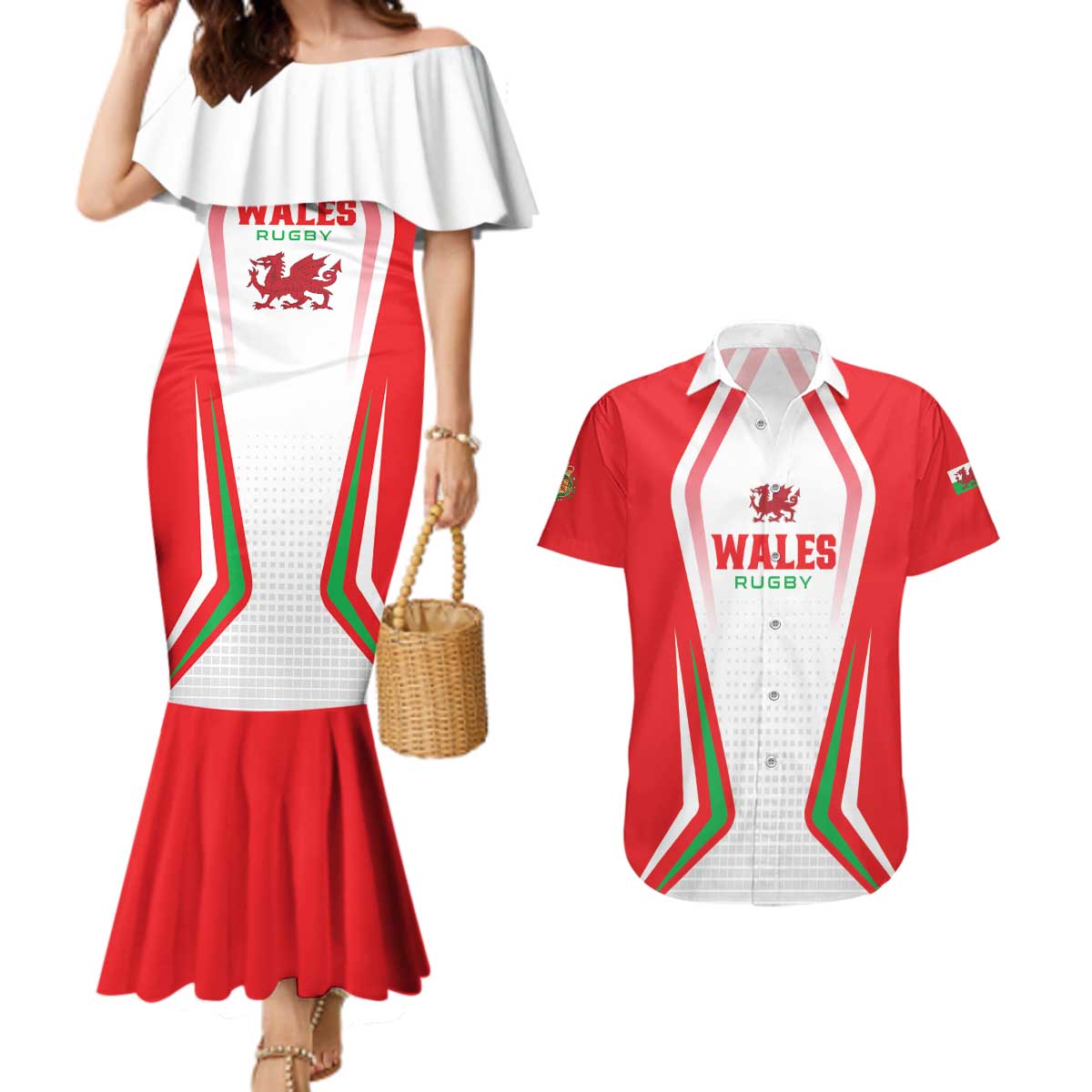 Custom Welsh Rugby Couples Matching Mermaid Dress and Hawaiian Shirt Wales Red Dragon Champions