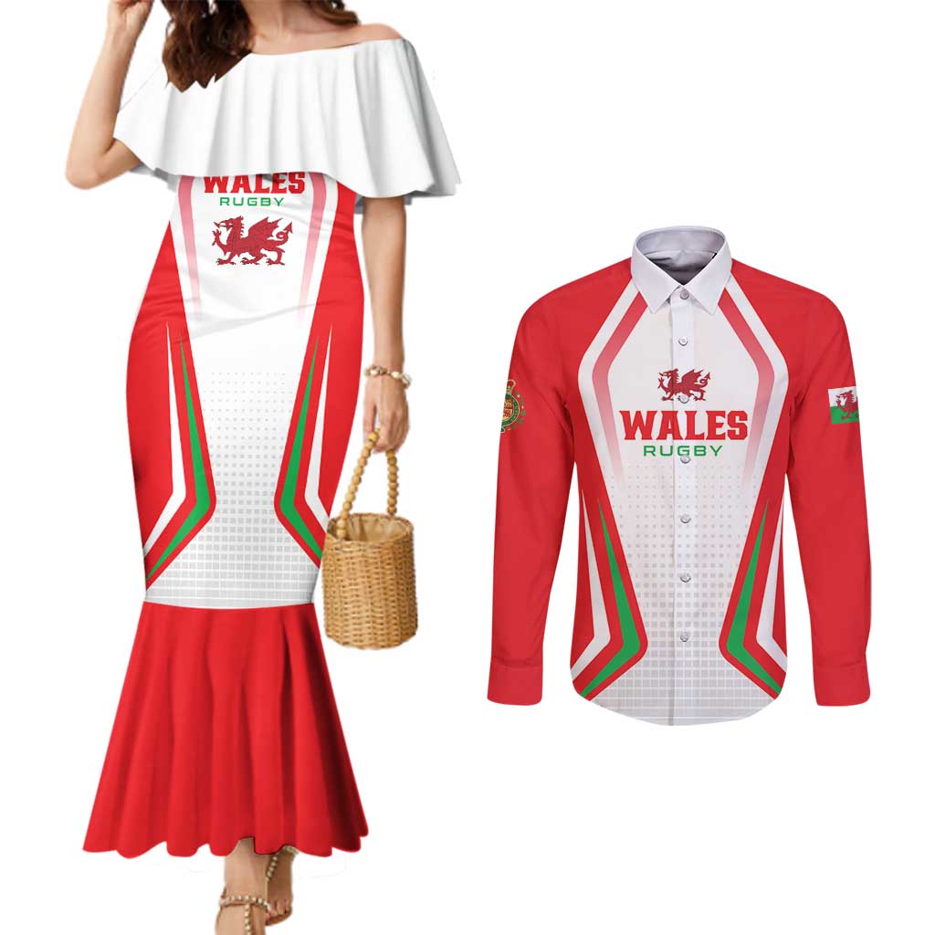 Custom Welsh Rugby Couples Matching Mermaid Dress and Long Sleeve Button Shirt Wales Red Dragon Champions