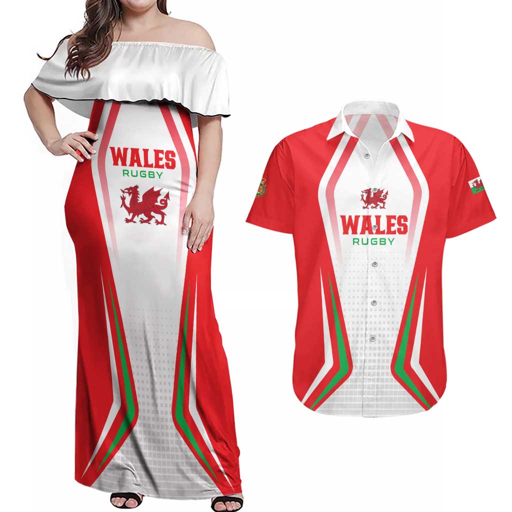 Custom Welsh Rugby Couples Matching Off Shoulder Maxi Dress and Hawaiian Shirt Wales Red Dragon Champions