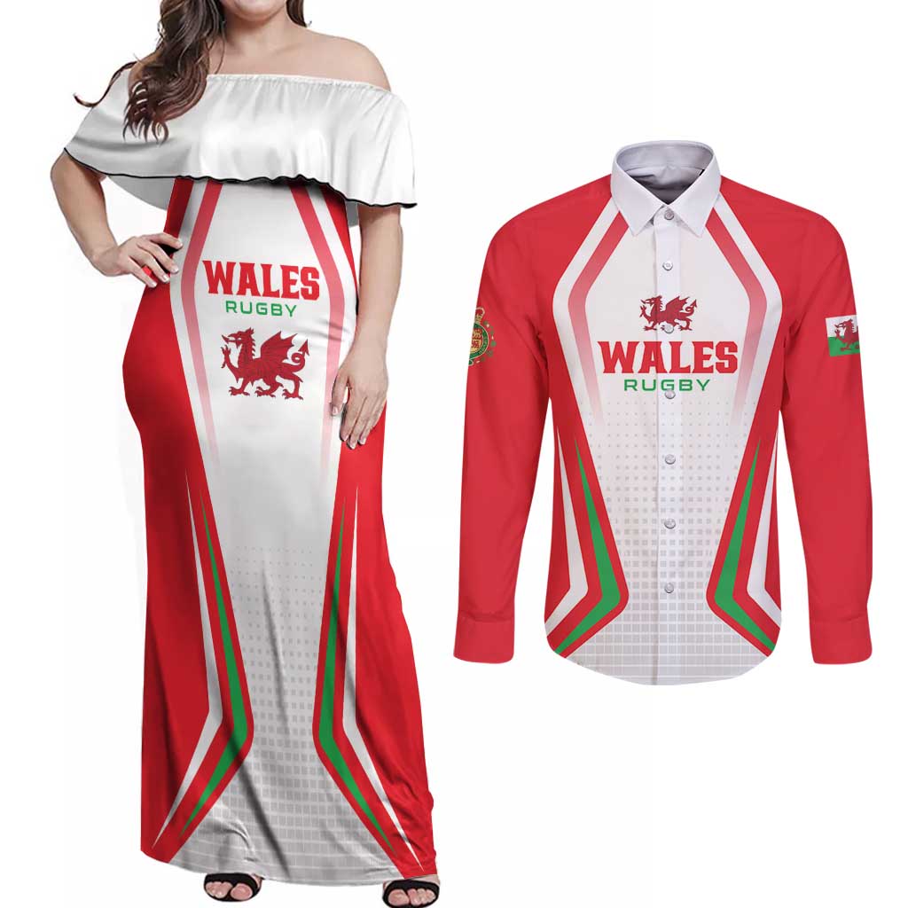 Custom Welsh Rugby Couples Matching Off Shoulder Maxi Dress and Long Sleeve Button Shirt Wales Red Dragon Champions