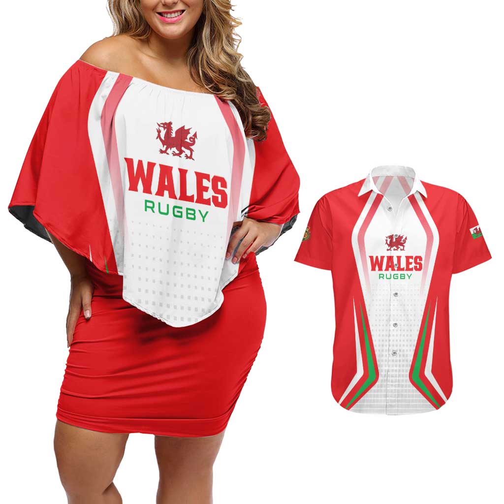 Custom Welsh Rugby Couples Matching Off Shoulder Short Dress and Hawaiian Shirt Wales Red Dragon Champions