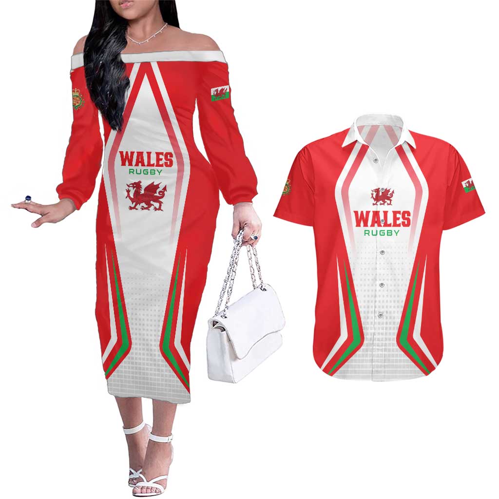 Custom Welsh Rugby Couples Matching Off The Shoulder Long Sleeve Dress and Hawaiian Shirt Wales Red Dragon Champions