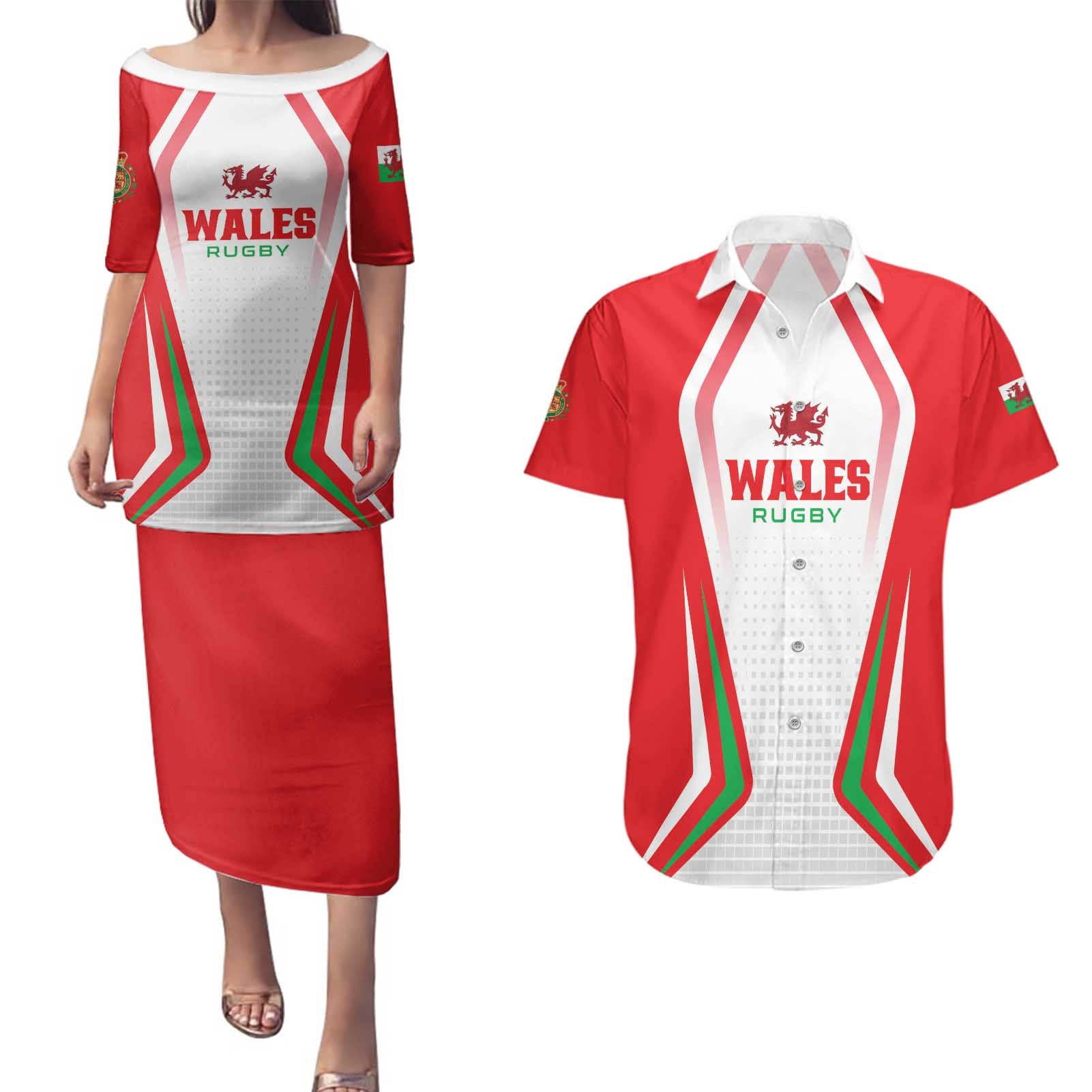 Custom Welsh Rugby Couples Matching Puletasi and Hawaiian Shirt Wales Red Dragon Champions