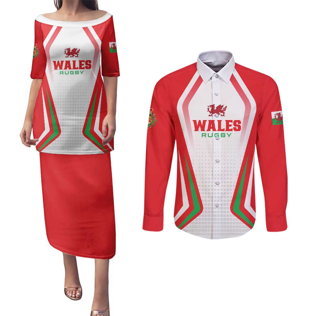 Custom Welsh Rugby Couples Matching Puletasi and Long Sleeve Button Shirt Wales Red Dragon Champions