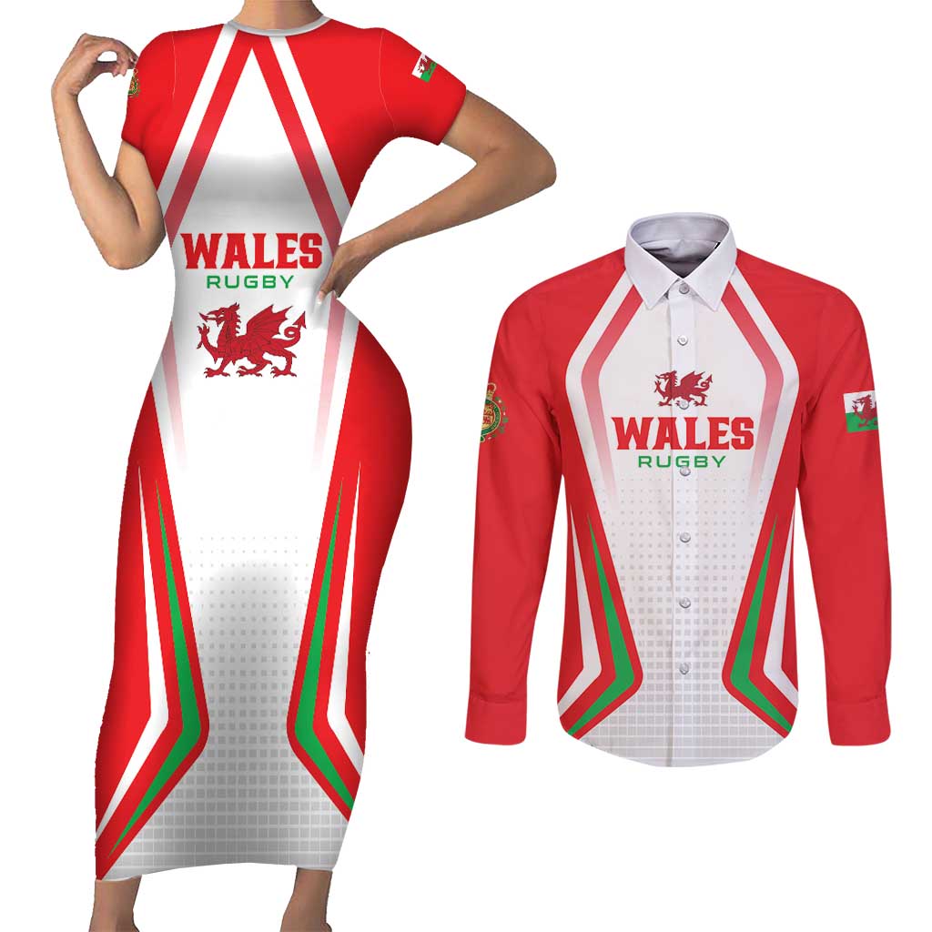 Custom Welsh Rugby Couples Matching Short Sleeve Bodycon Dress and Long Sleeve Button Shirt Wales Red Dragon Champions