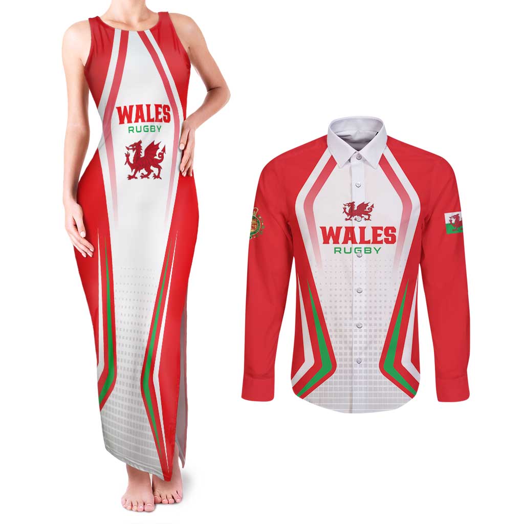 Custom Welsh Rugby Couples Matching Tank Maxi Dress and Long Sleeve Button Shirt Wales Red Dragon Champions