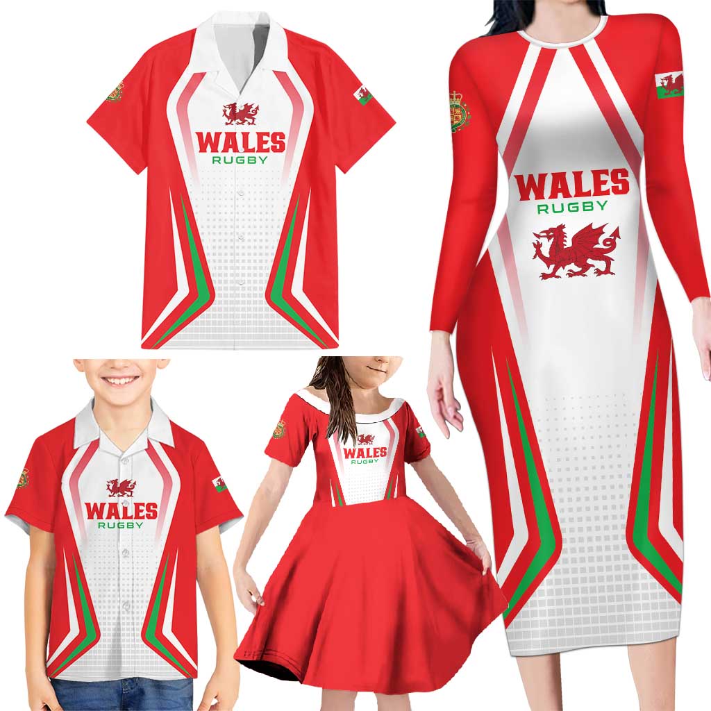 Custom Welsh Rugby Family Matching Long Sleeve Bodycon Dress and Hawaiian Shirt Wales Red Dragon Champions