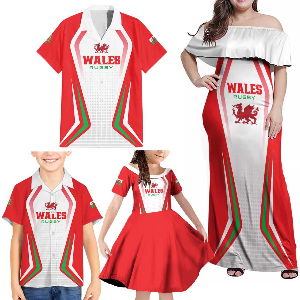 Custom Welsh Rugby Family Matching Off Shoulder Maxi Dress and Hawaiian Shirt Wales Red Dragon Champions