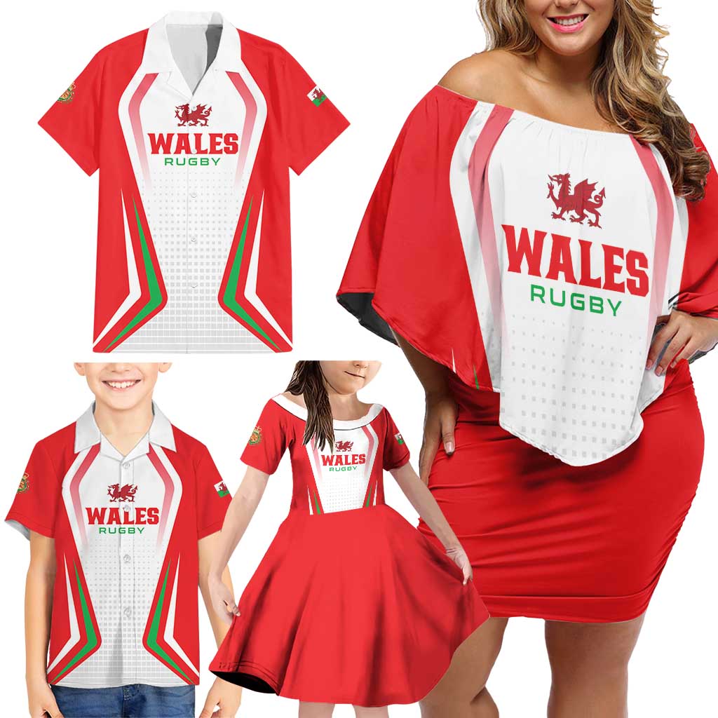 Custom Welsh Rugby Family Matching Off Shoulder Short Dress and Hawaiian Shirt Wales Red Dragon Champions