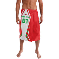 Men's red rugby-style shorts with white/green front panel and number print