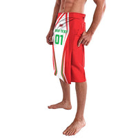 Men's red rugby-style shorts, side view with white/green stripe graphic panel