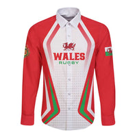 Red long-sleeve rugby button shirt with white/green chevrons and Wales Rugby crest