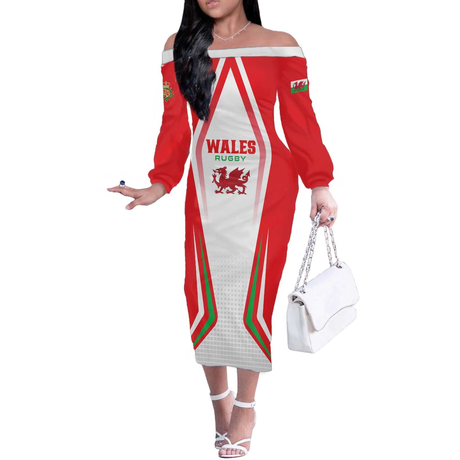 Custom Welsh Rugby Off The Shoulder Long Sleeve Dress Wales Red Dragon Champions