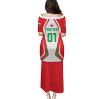 Red and white rugby puletasi back with green trim, 'YOUR TEXT' and '01' print, midi