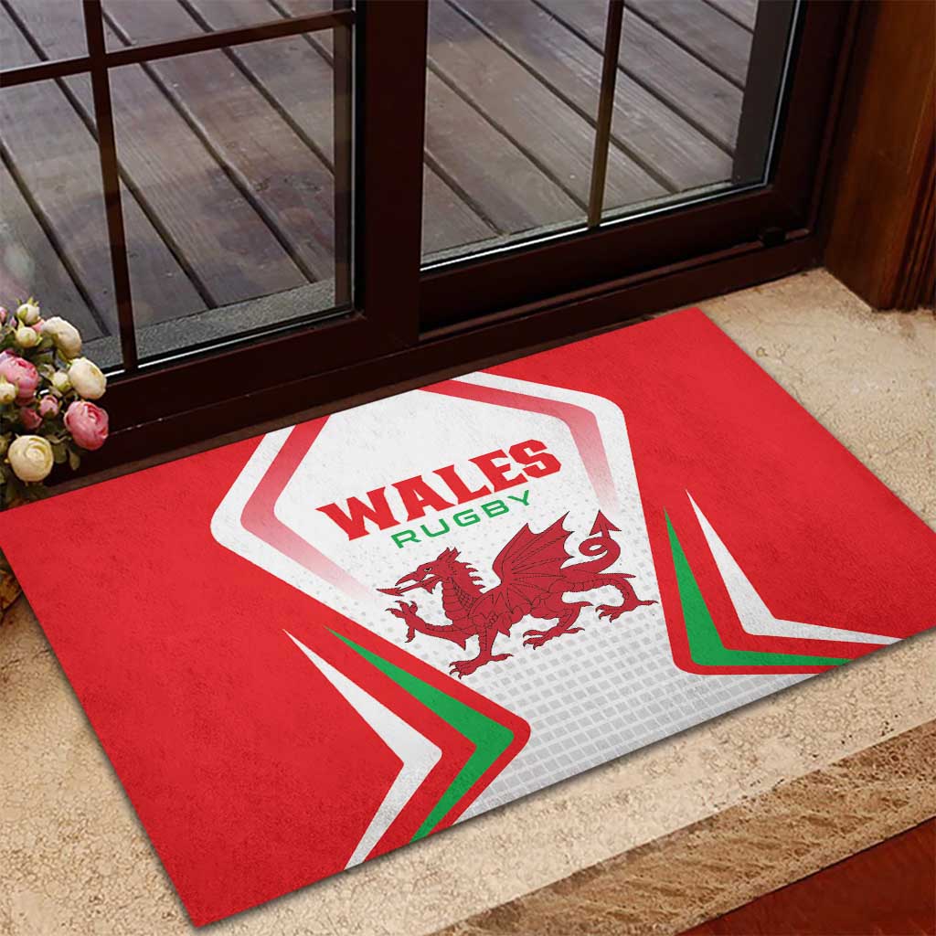 Red Wales Rugby doormat with shield, dragon, and green-white-red chevron accents