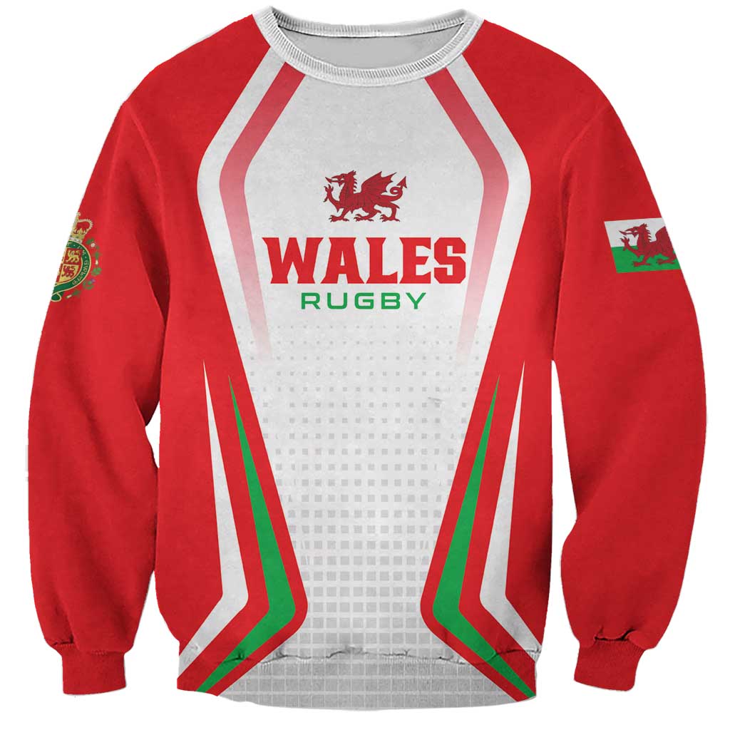 Red rugby sweatshirt with white panel, Wales Rugby text and dragon crest, green trim