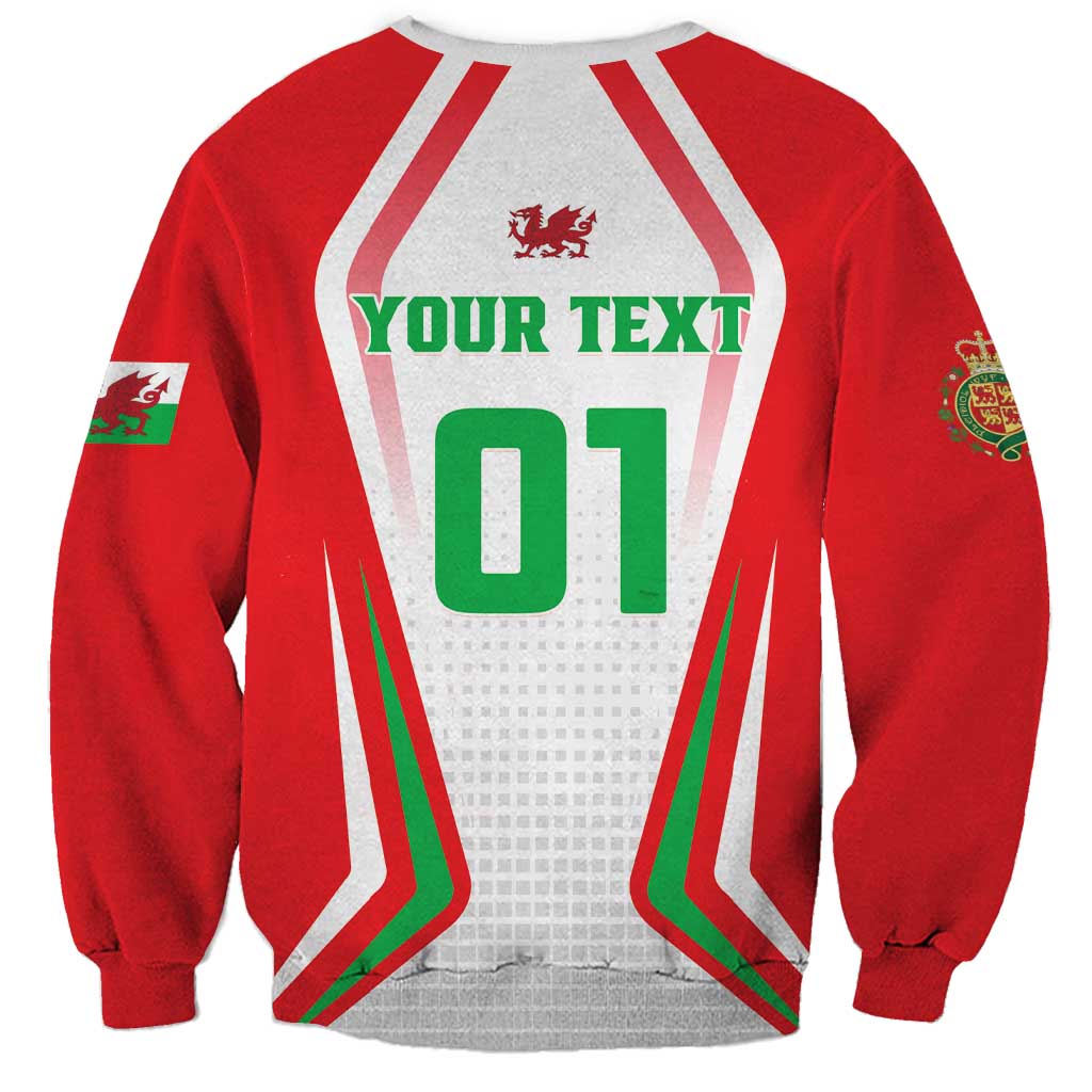 Red rugby sweatshirt back with YOUR TEXT 01, white striped panel, dragon crest, green trim