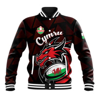 Black & red check rugby baseball jacket with Wales logo, dragon graphic, striped rib trim