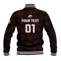 Black & red check rugby baseball jacket back with YOUR TEXT 01, striped rib hem/cuffs