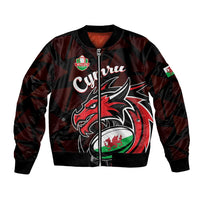 Black bomber jacket with red plaid, Wales badge, front zipper, large dragon graphic