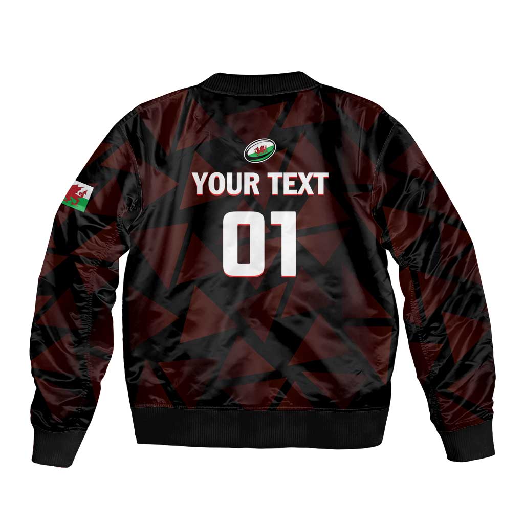 Black bomber jacket with red plaid, sleeve Wales flag patch, back text "YOUR TEXT 07"