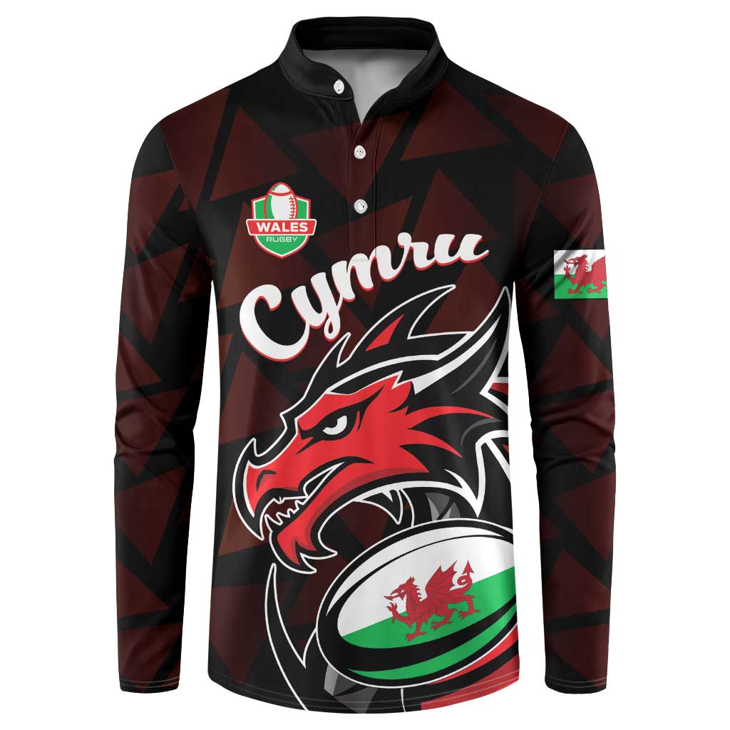 Men's rugby button sweatshirt, black with maroon geometric print and dragon crest graphic