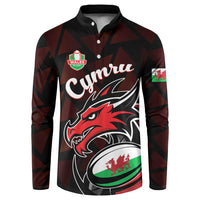 Men's rugby button sweatshirt, black with maroon geometric print and dragon crest graphic