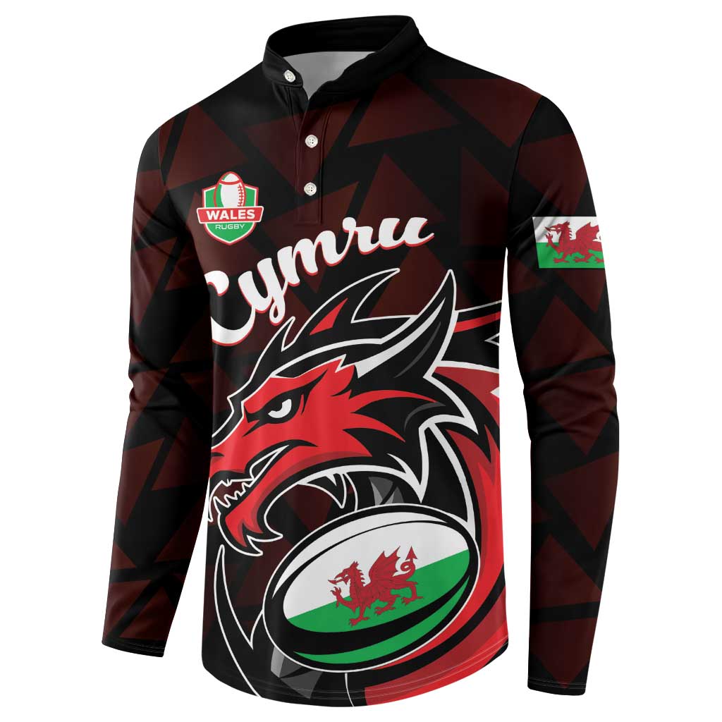 Men's rugby button sweatshirt with maroon geometric pattern and Cymru dragon graphic