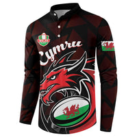Men's rugby button sweatshirt with maroon geometric pattern and Cymru dragon graphic
