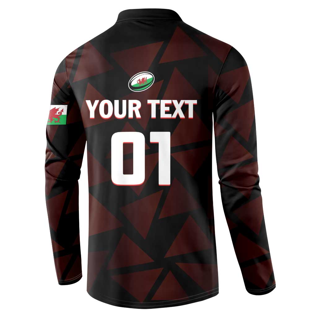 Men's rugby button sweatshirt back, black with maroon pattern and 'YOUR TEXT 01' print