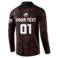 Men's rugby button sweatshirt back, black with maroon pattern and 'YOUR TEXT 01' print