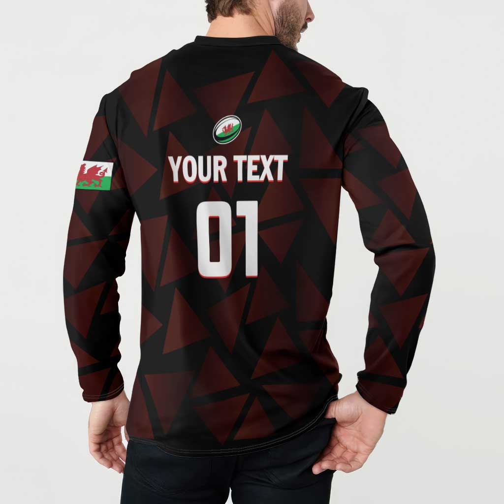 Men's rugby button sweatshirt back, maroon geometric print and 'YOUR TEXT 01' number graphic