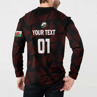Men's rugby button sweatshirt back, maroon geometric print and 'YOUR TEXT 01' number graphic