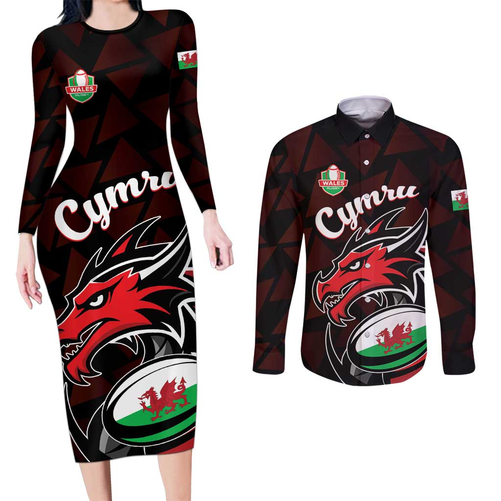 Custom Wales Rugby Couples Matching Long Sleeve Bodycon Dress and Long Sleeve Button Shirt Cymru Y Ddraig Goch